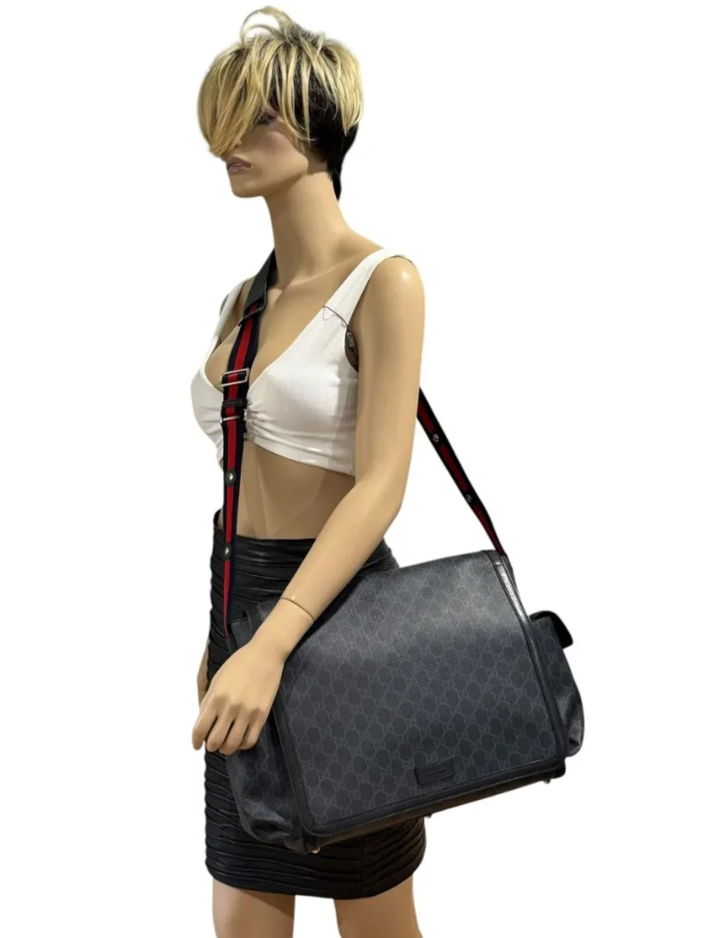 GUCCI Gray Supreme Canvas Leather Trim GG Web Diaper Changing Bag Made in Italy